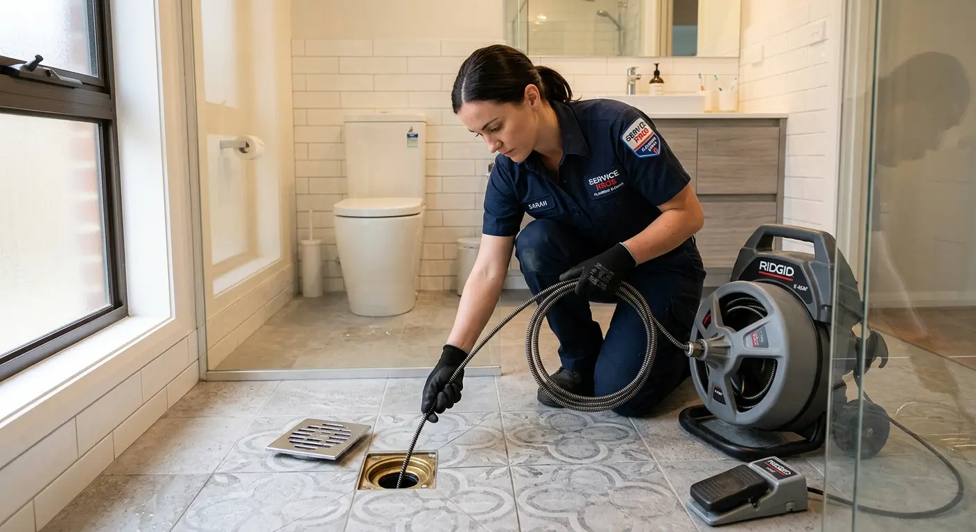 Technician clearing a bathroom floor drain for Drain Repair in Wharton